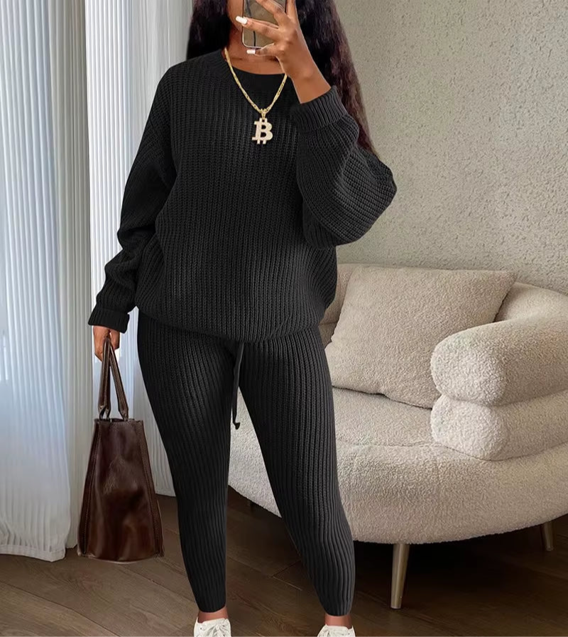 Fashion and Casual Knitted Top and Trousers Women'S Wool 2-Piece Set