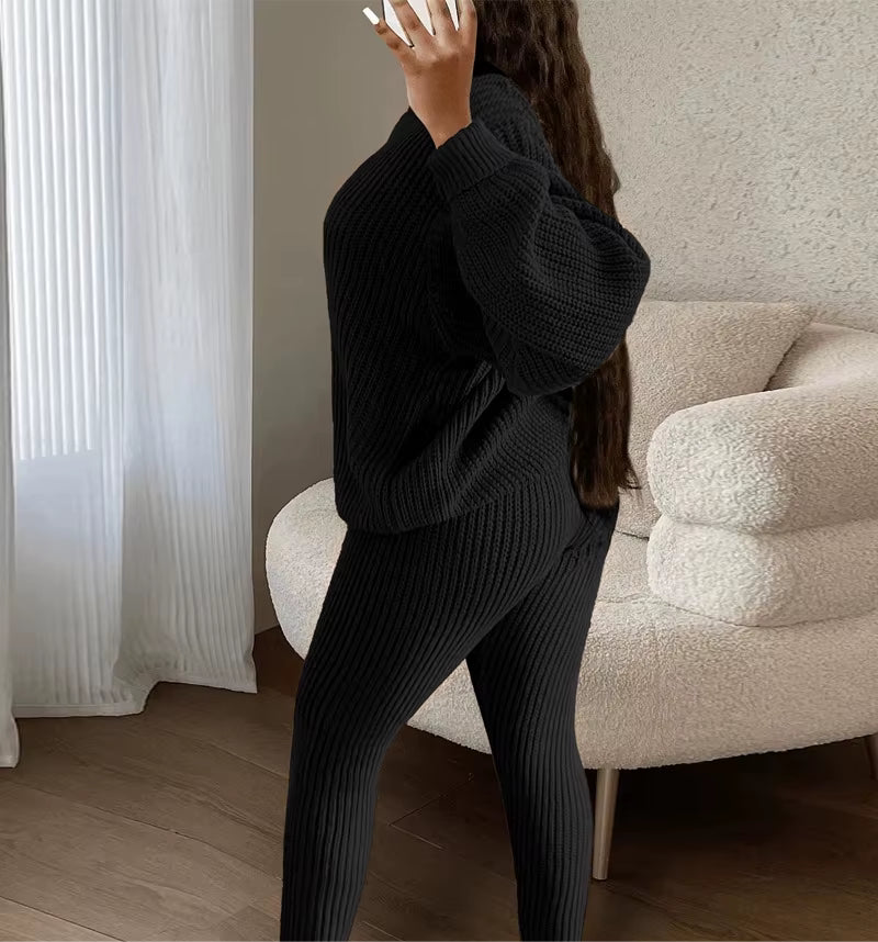 Fashion and Casual Knitted Top and Trousers Women'S Wool 2-Piece Set