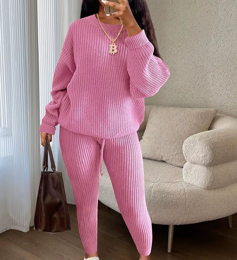 Fashion and Casual Knitted Top and Trousers Women'S Wool 2-Piece Set