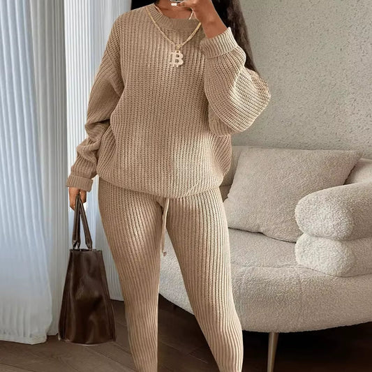 Fashion and Casual Knitted Top and Trousers Women'S Wool 2-Piece Set