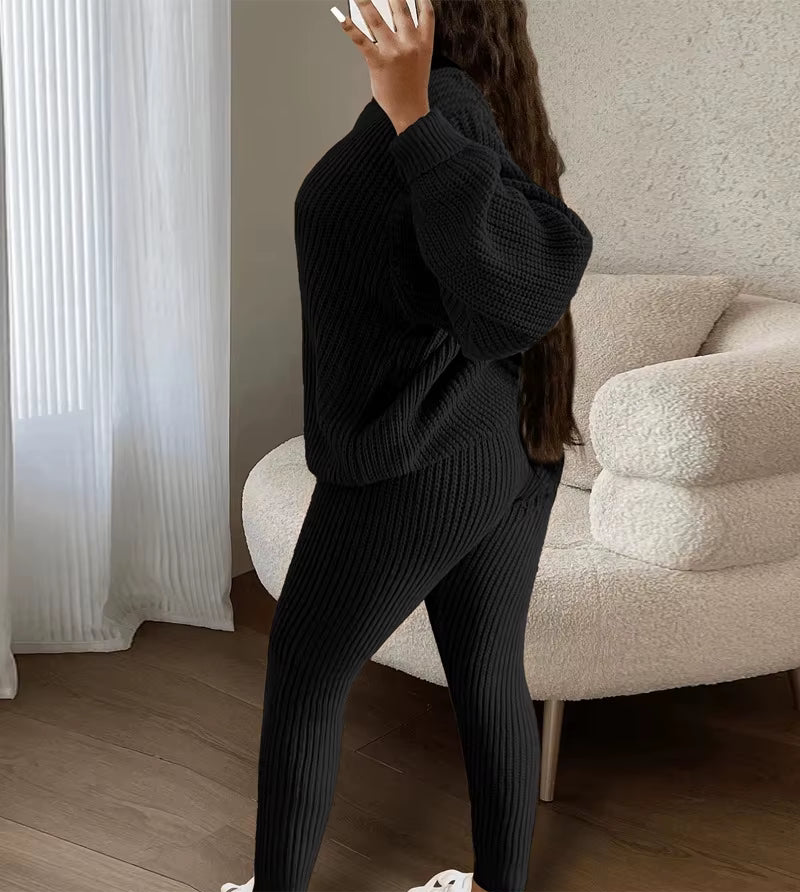 Fashion and Casual Knitted Top and Trousers Women'S Wool 2-Piece Set