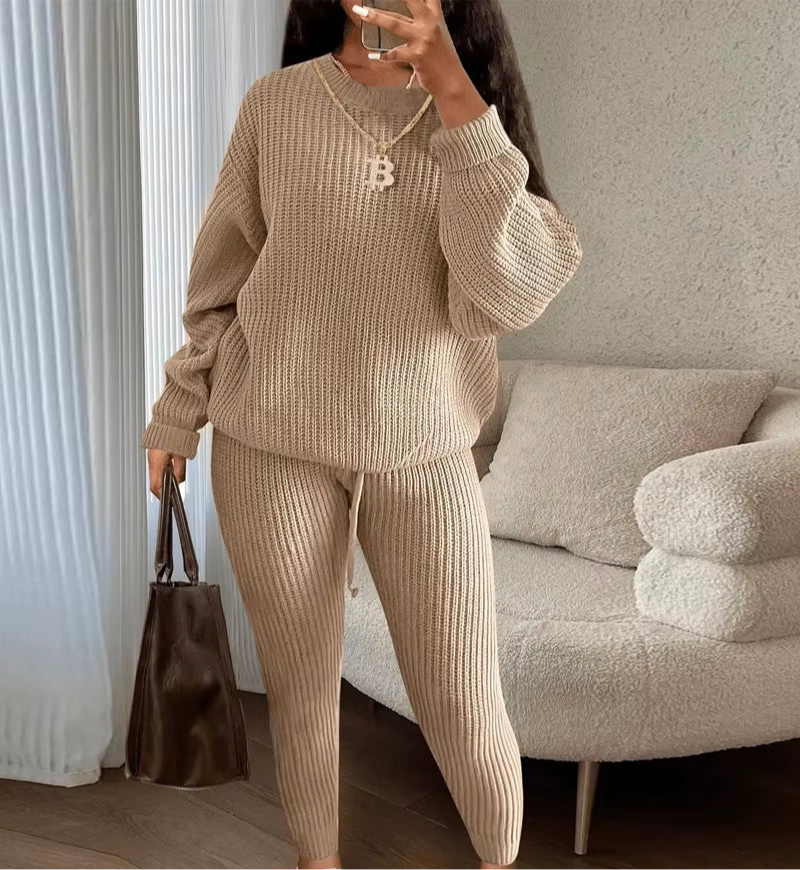 Fashion and Casual Knitted Top and Trousers Women'S Wool 2-Piece Set